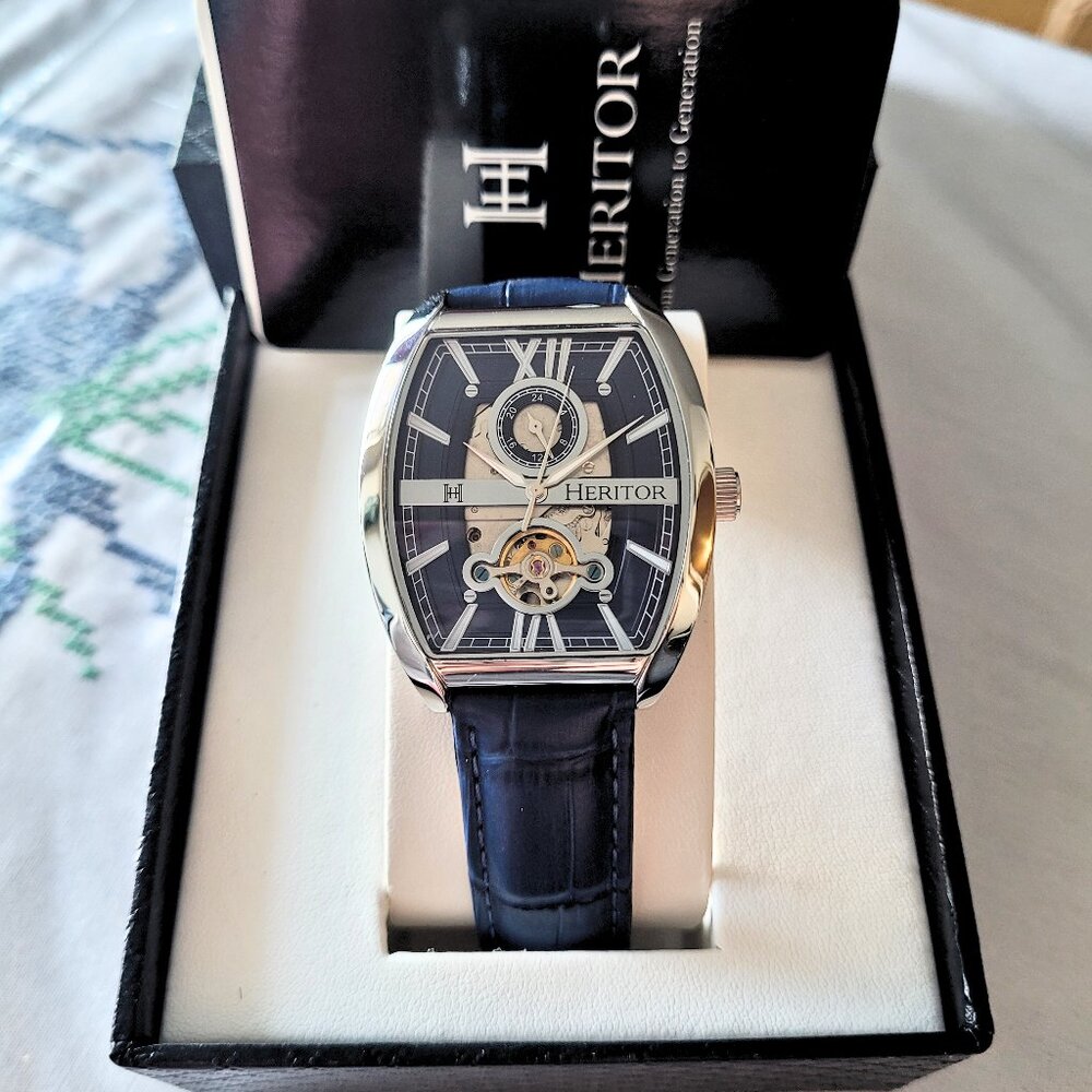 Heritor Men's Automatic Rectangle Silver Blue Leather Watch